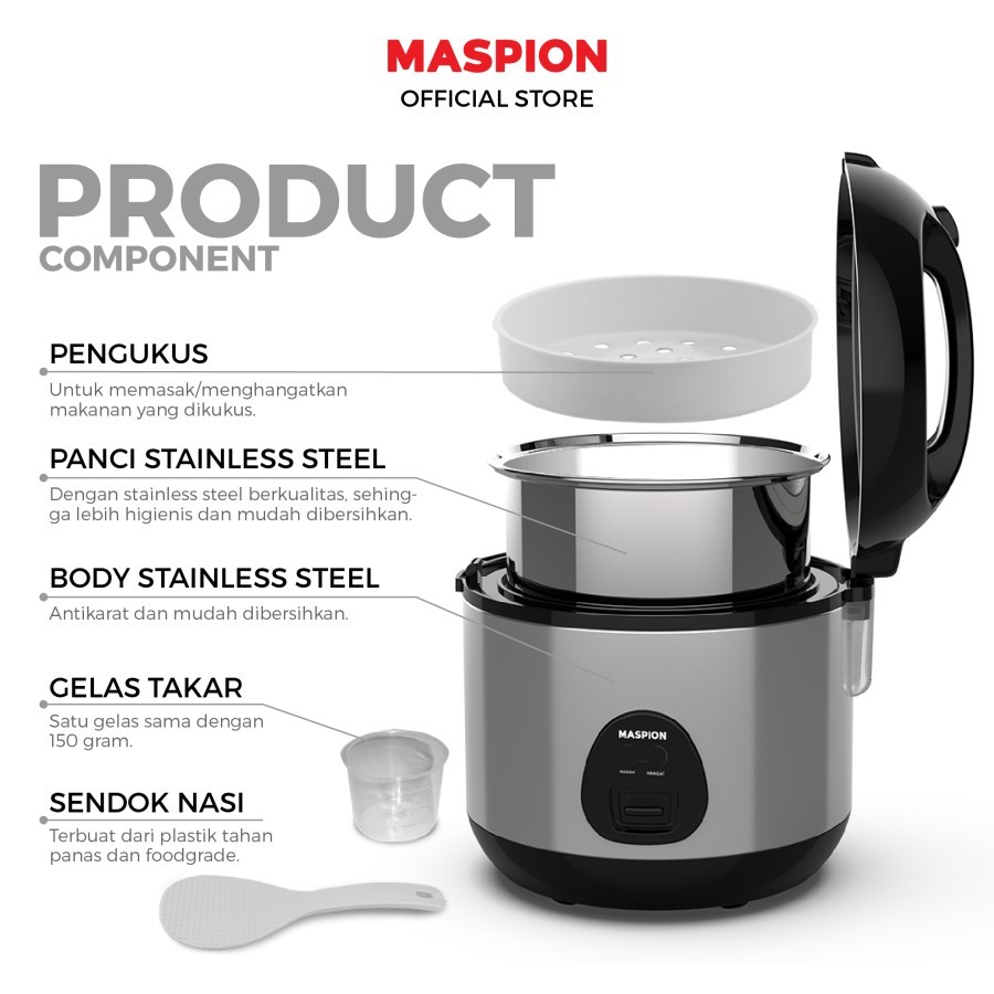 Rice Cooker Maspion MRJ 0623 BSSS Panci Stainless 0,6 Liter Magic Com Penanak Nasi Warmer Steamer Mi