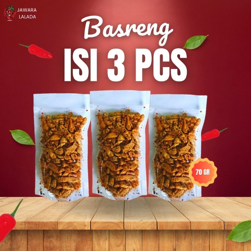 

Paket Hemat 10 Rb Dapat 3 pcs Basreng Pedas Daun Jeruk 70 Gram Kemasan Pouch Cemilan Pedas Snack Basreng Food Goreng