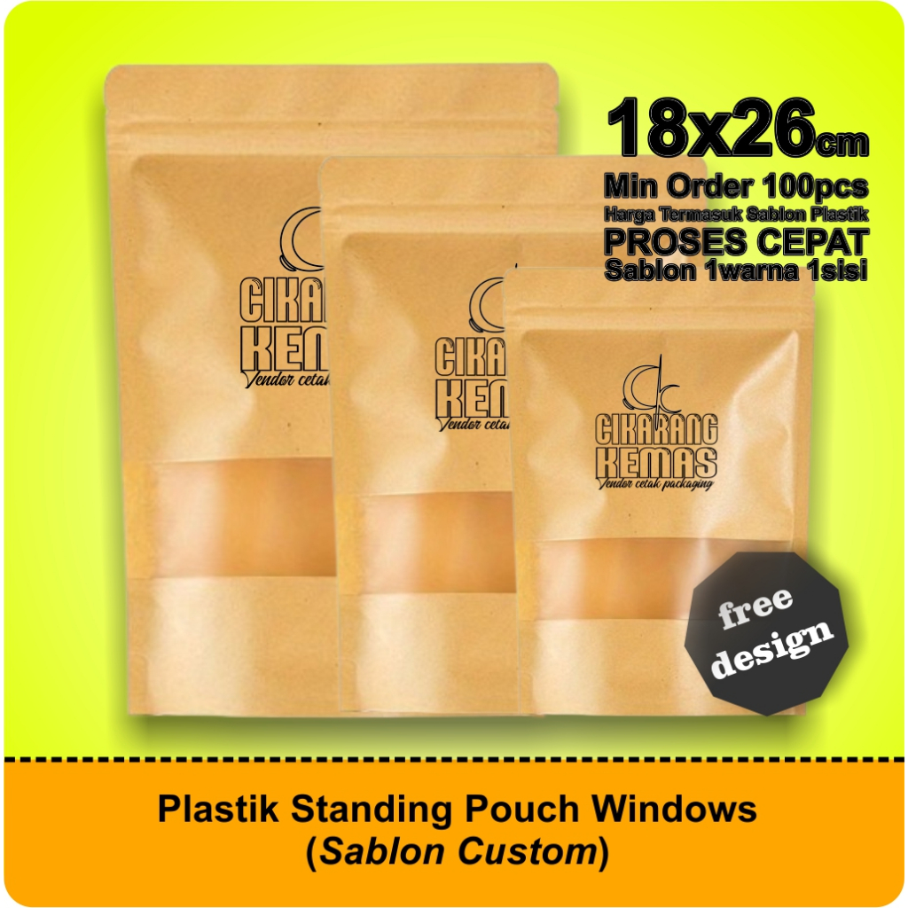 Standing Pouch Window Alumunium Foil 18x26 Custom Sablon Free Design