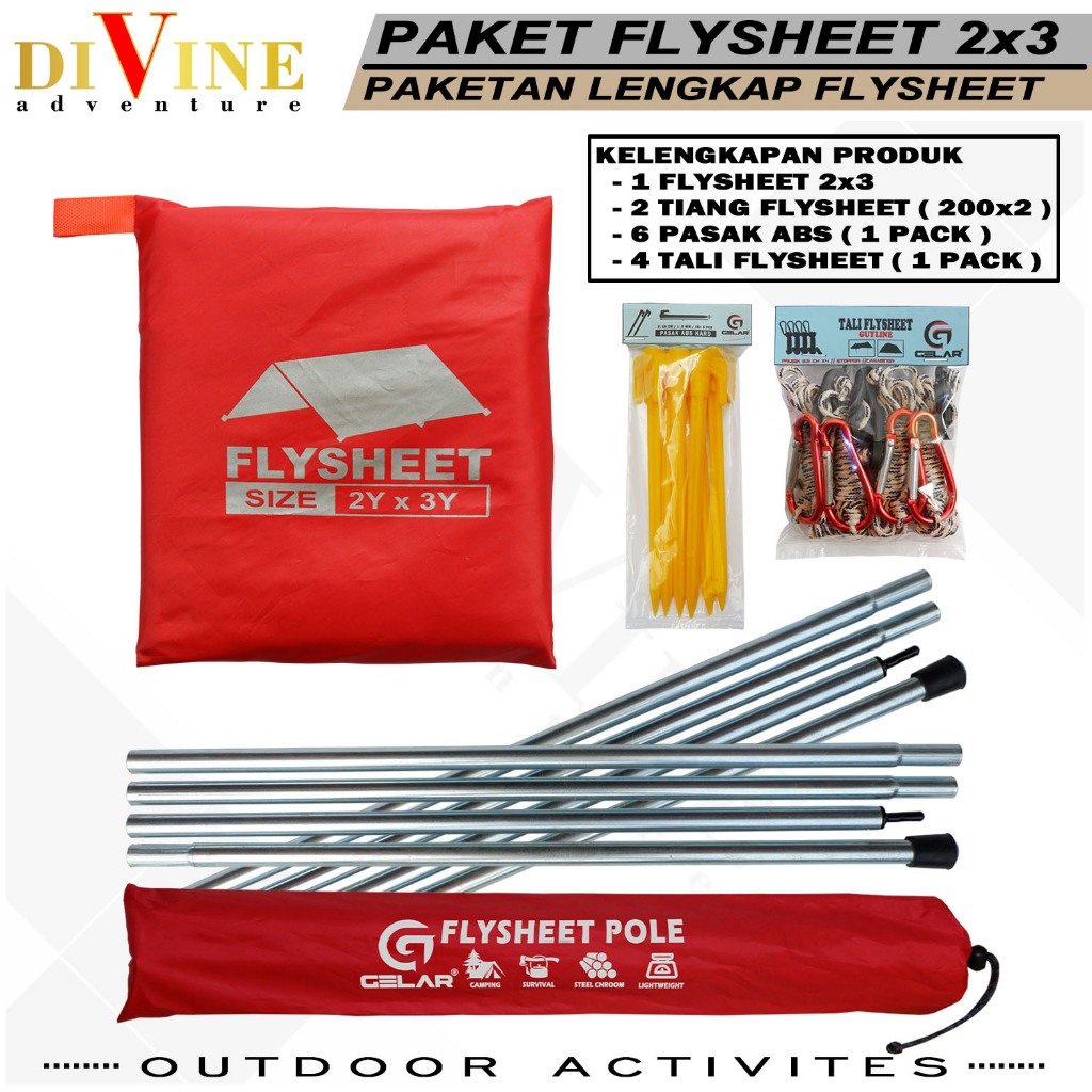 paketan flysheet tenda camping size 2x3 waterproof lengkap 1 flysheet 2x3 + 2 tiang + 6 pasak abs + 
