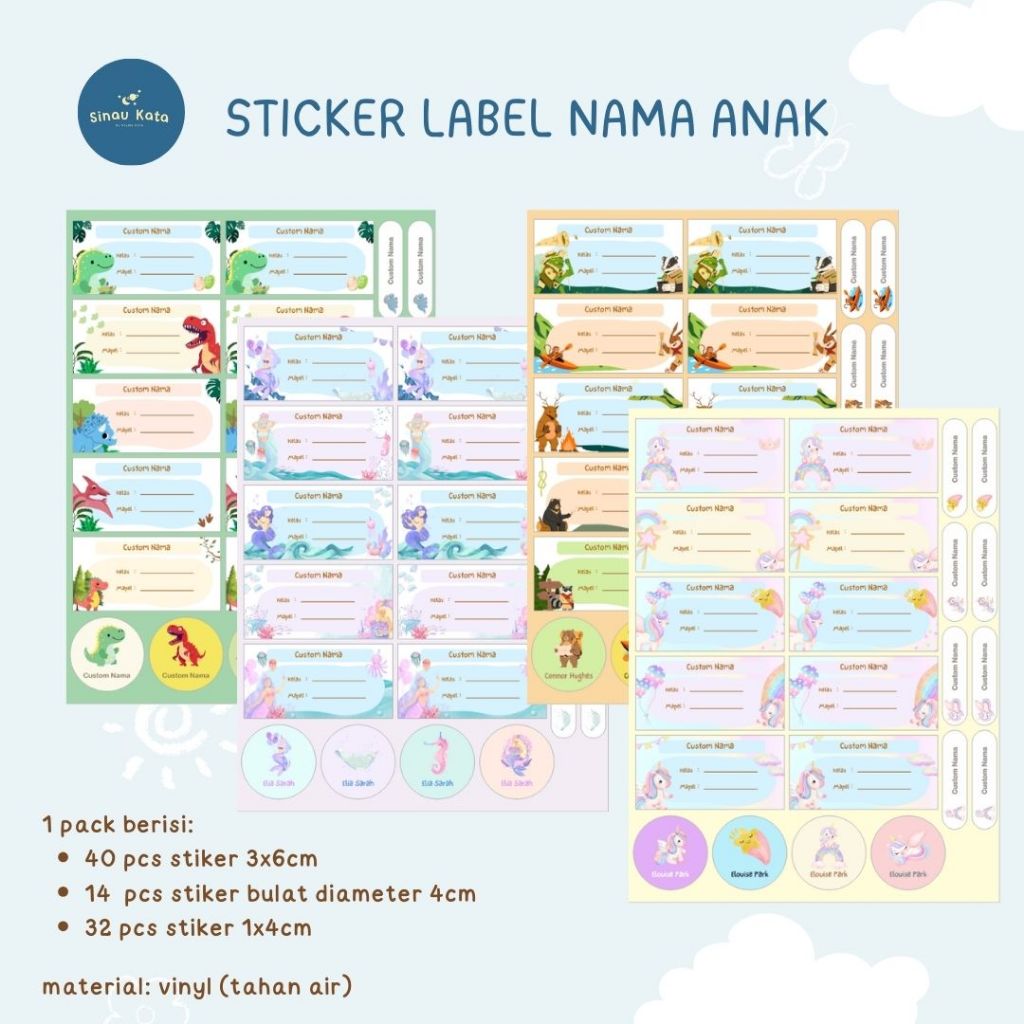 

Stiker label nama anak waterproof , tahan air, bahan vinyl, bisa custom