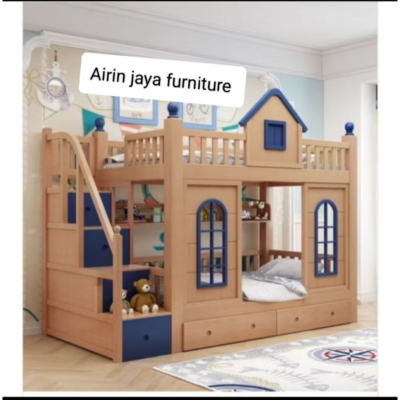 TEMPAT TIDUR ANAK TINGKAT TANGGA LACI/BEADHOUSE ANAK RANJANG +rak buku dan laci bawah kasur 2 pcs si