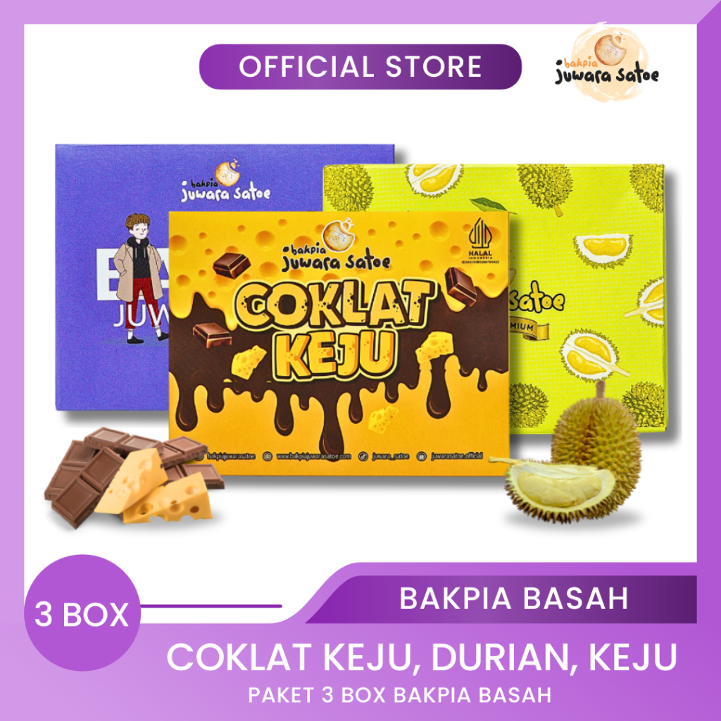 

BAKPIA JUWARA SATOE [ 3 Box ] Paket Bakpia Basah (Coklat Keju, Durian, Keju) - Oleh Oleh Khas Jogja