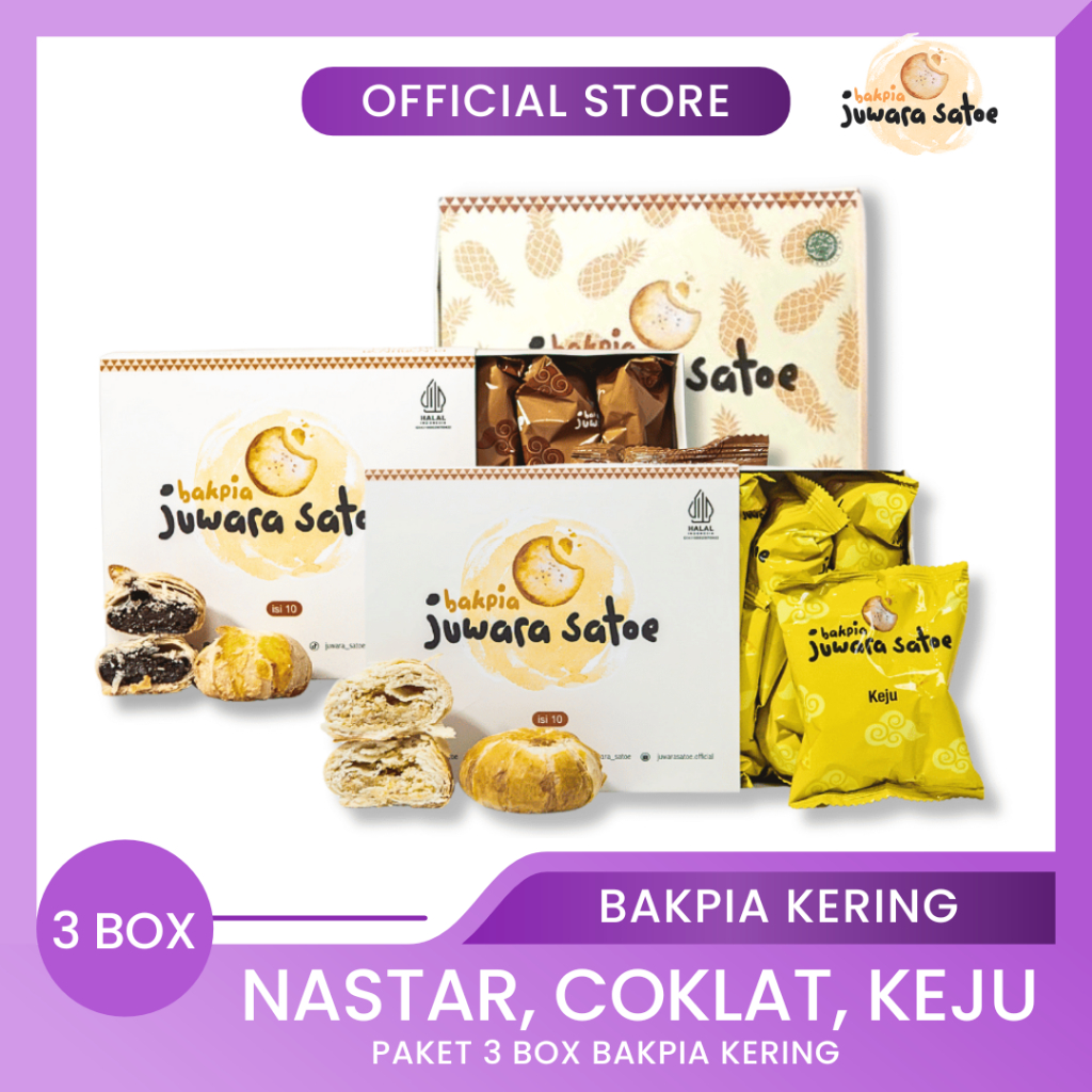 

BAKPIA JUWARA SATOE [ 3 Box ] Paket Bakpia Crispy (Nastar, Coklat, Keju) - Oleh Oleh Khas Jogja