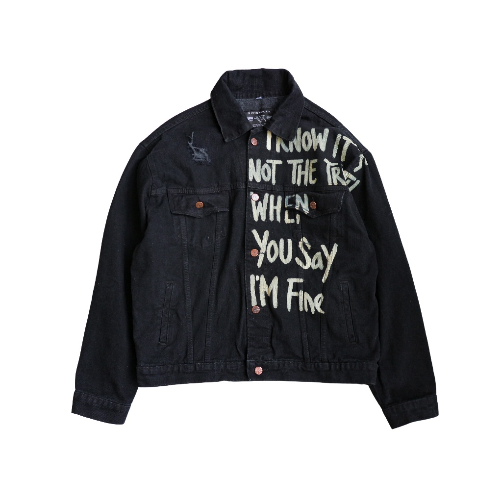 DURCHVOLK VFJJ052 Jaket Jeans Denim Pria Wanita Painting Ripped Patch Big Size Hitam
