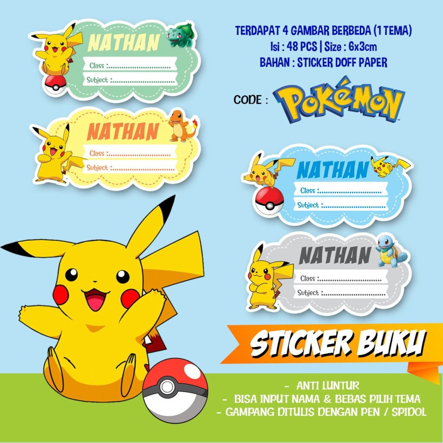 

Sticker / Stiker Buku Custom Nama Karakter POKEMON PIKACHU