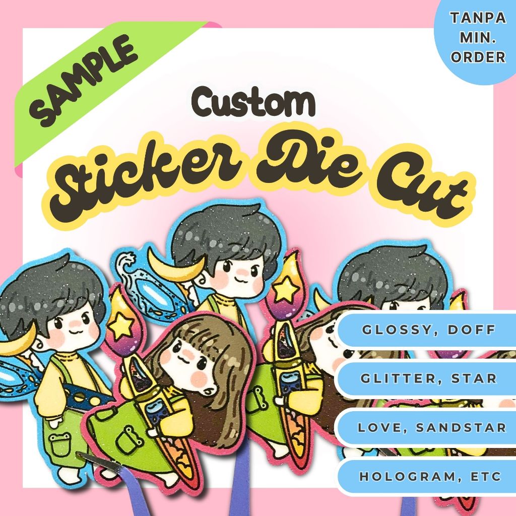 

Goofymuufy Cetak A4 Custom SAMPLE Sticker Die Cut Sticker Dengan Varian Laminasi Matte Glossy Glitter Hologram dan Lainnya