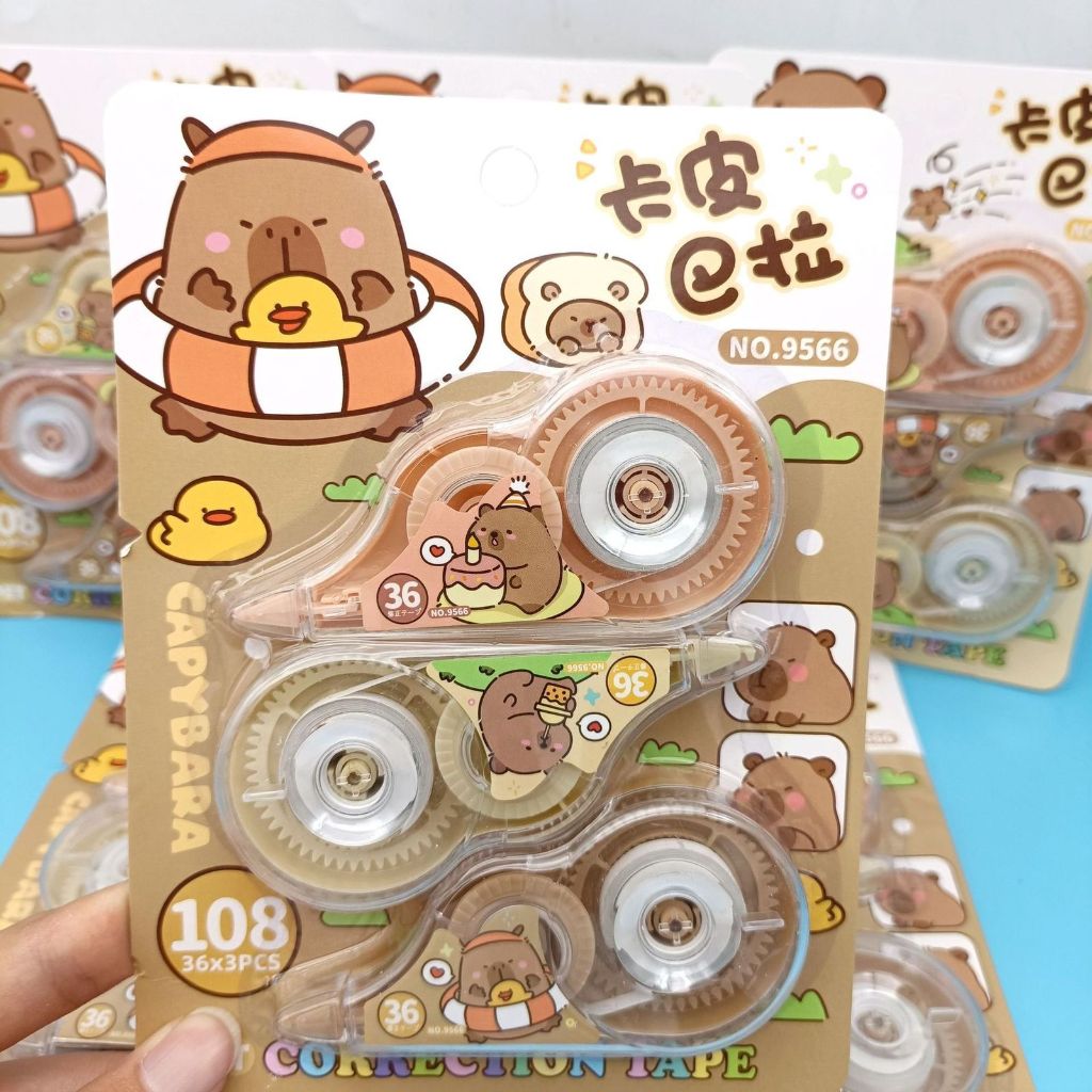 

D3W! 3 PCS Correction Tape Motif CAPYBARA & PIKACHU 1 Set Isi 3 PCS Tipe -X Roll Lucu Viral