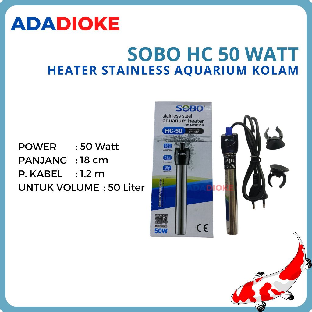 Heater Aquaruium Heater Stainless Sobo HC 50 Watt Aquarium Penghangat Aquarium