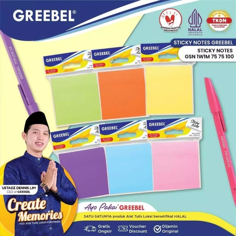 

Greebel Sticky Notes GSN 1W1M 75x75 100 sheet / notepad bentuk warna warni