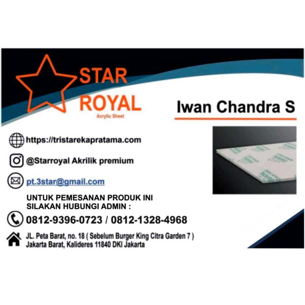 

Promo AKRILIK LEMBARAN BENING MERK STAR ROYAL 1,5mm ( Uk 122 x 244 cm )