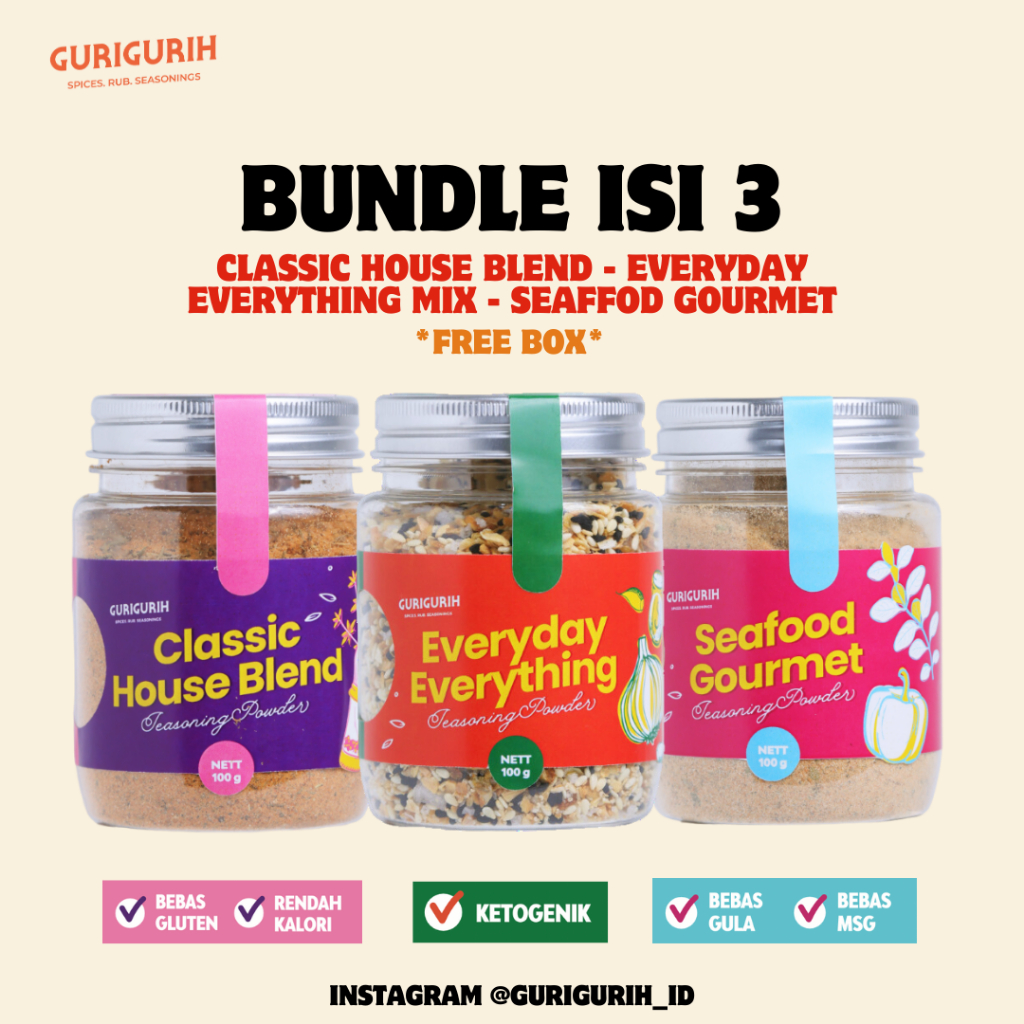 

Gurigurih Bundle isi 3 (100g) | Bumbu Serbaguna Tabur Diet Rendah Kalori Tabur Roti Bagel Seasoning