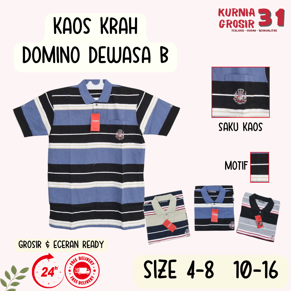 Kaos Krah Domino Motif Salur Pria / Baju Kerah Jumbo / Pakaian Laki-Laki Dewasa