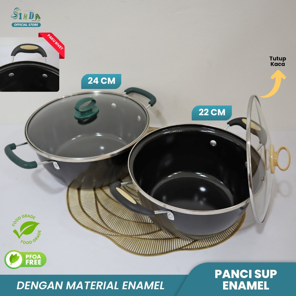 SINDA PANCI SUP ENAMEL TUTUP KACA ANTI LENGKET / SOUP POT PANCI SUSU ENAMEL