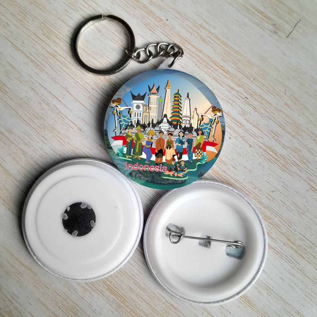 SOUVENIER GANTUNGAN KUNCI, BROS/PIN, TEMPELAN KULKAS INDONESIA NUSANTARA DIAMETER 4,4 CM
