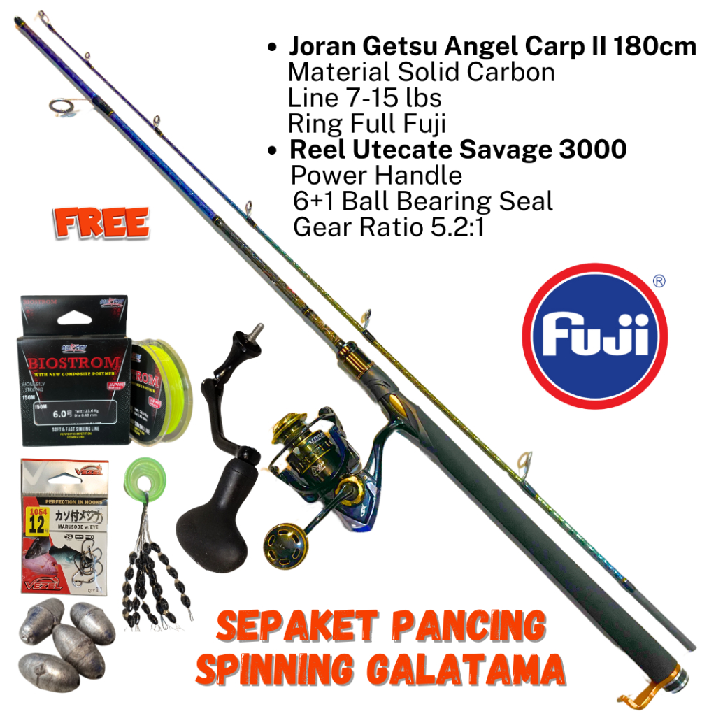 Sepaket Pancing Galatama : Joran 180 cm Ring Fuji + Reel 3000 PH Free Handle + Sepaket Alat Pancing 