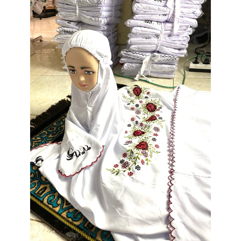 MUKENA TERUSAN ANAK TANGGUNG LAJURAN KEPALA KERUT BORDIR KUDUS ASLI KIRIM DARI KUDUS BORDIR LANGSUNG