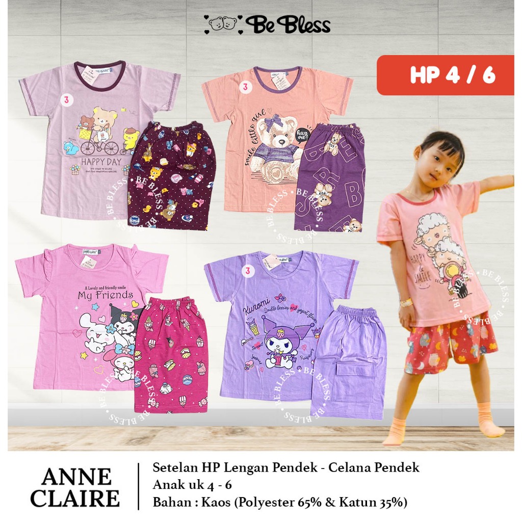 Setelan HP Size 4 / 6 Lengan Pendek - Celana Pendek Anak Cewek Anne Claire Baju Tidur Karakter ABG  