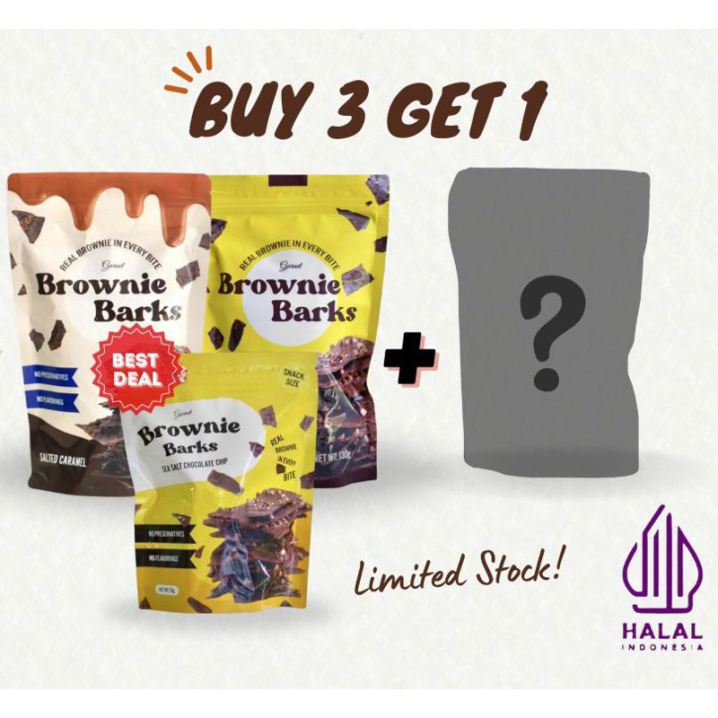 

Brownie Barks Paket Hemat Brownie Crispy 3 Rasa ( 1 Pcs Sea Salt Choco Chip 130GR + 1 Pcs Salted Caramel 130 GR + 1 Pcs Sea Salt Choco Chip 70 GR + Free 1 Pcs)