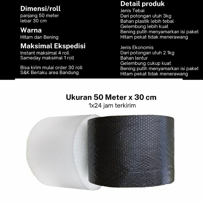 

[50M x 30Cm] Bubble Wrap Potongan 30 cm x 50 Meter Hitam Bening Tebal