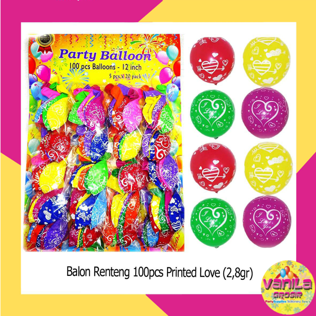(100Pcs) Balon Renteng Printed Love 2,8gr, balon love, balon motif hati love, balon papan