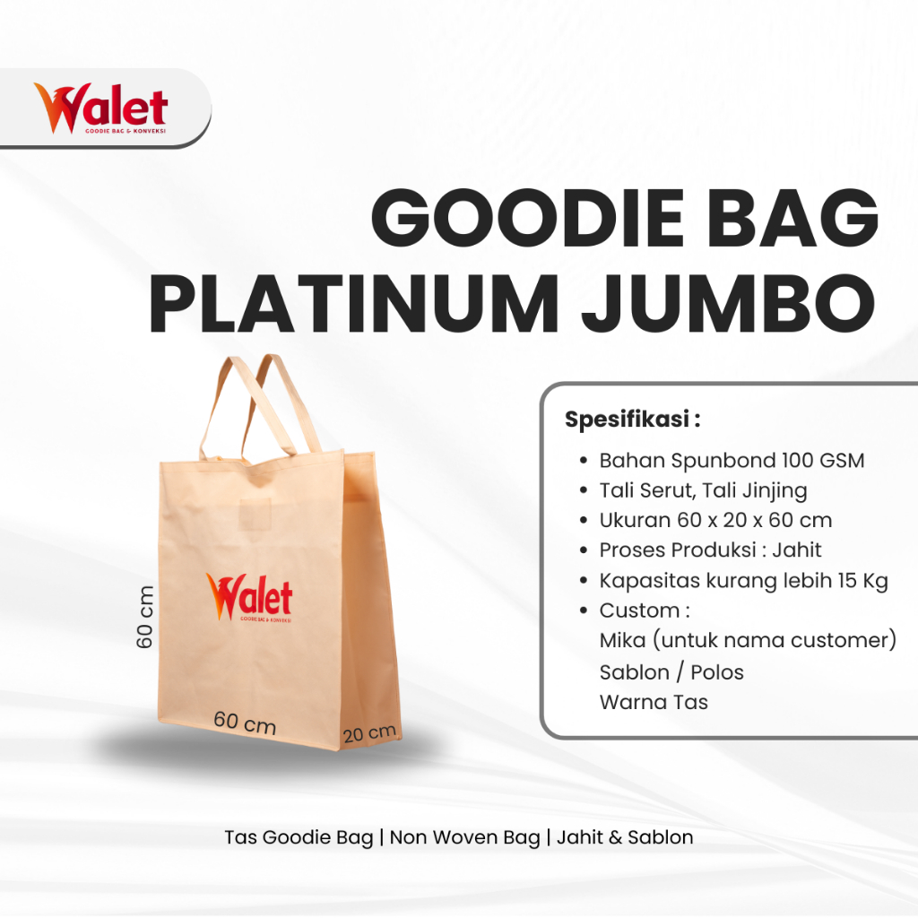 

Goodie Bag Platinum Spunbond Jumbo Jahit - Custom Warna dan Design Sablon