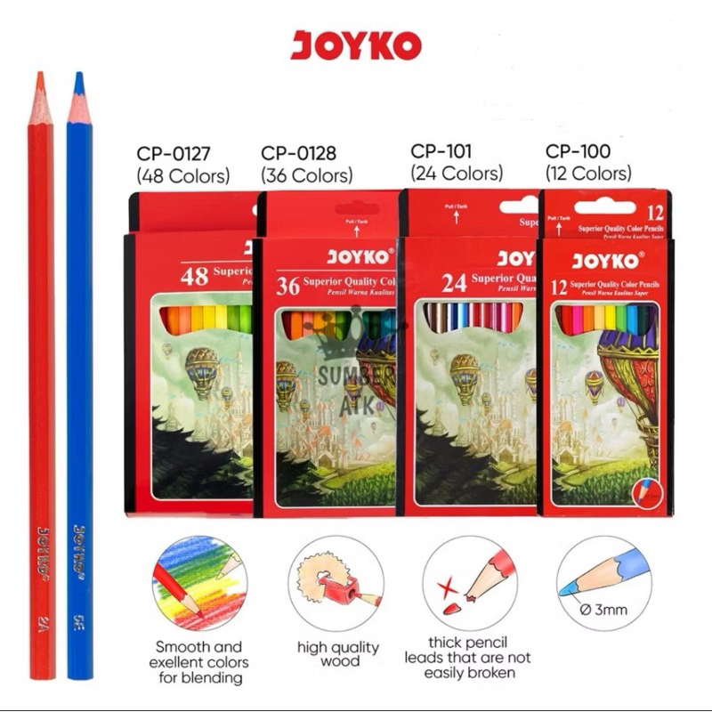 

Joyko Pensil Warna Superior / Quality Color Pencils Hexagonal Grip CP-100 CP-101 CP-0127 CP-0128 12w , 24w , 36w , 48w warna