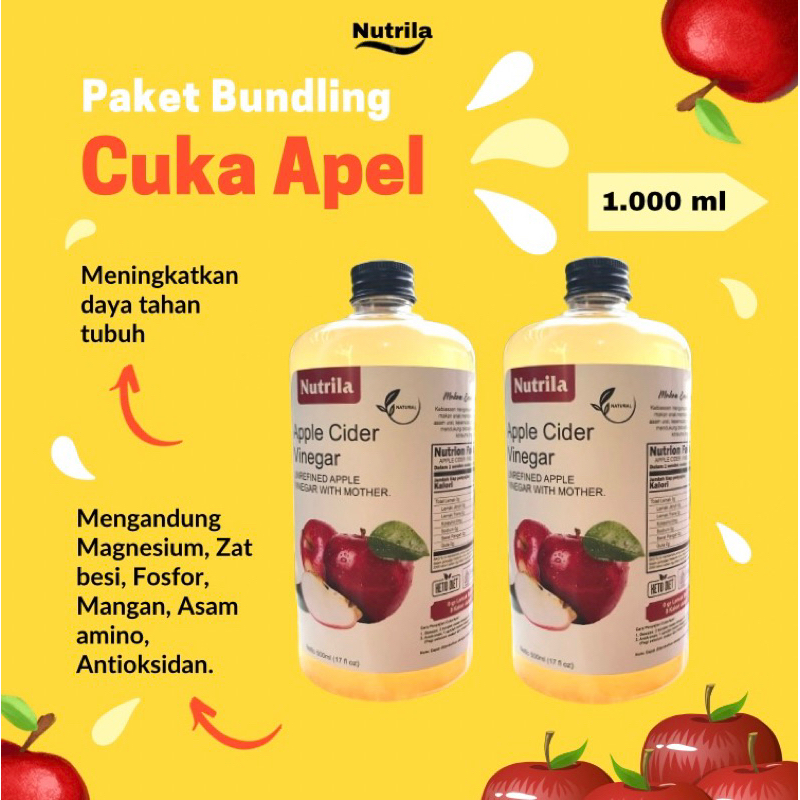 

Nutrila - Paket Cuka Apel Original Bundling 1000ml / Apple Cider Vinegar With Mother / Cuka Sari Apel
