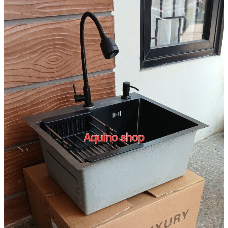 Paket komplit wastafel bak cuci piring 1 lubang kitchen sink premium stainless hitam ukuran 52cm×43c