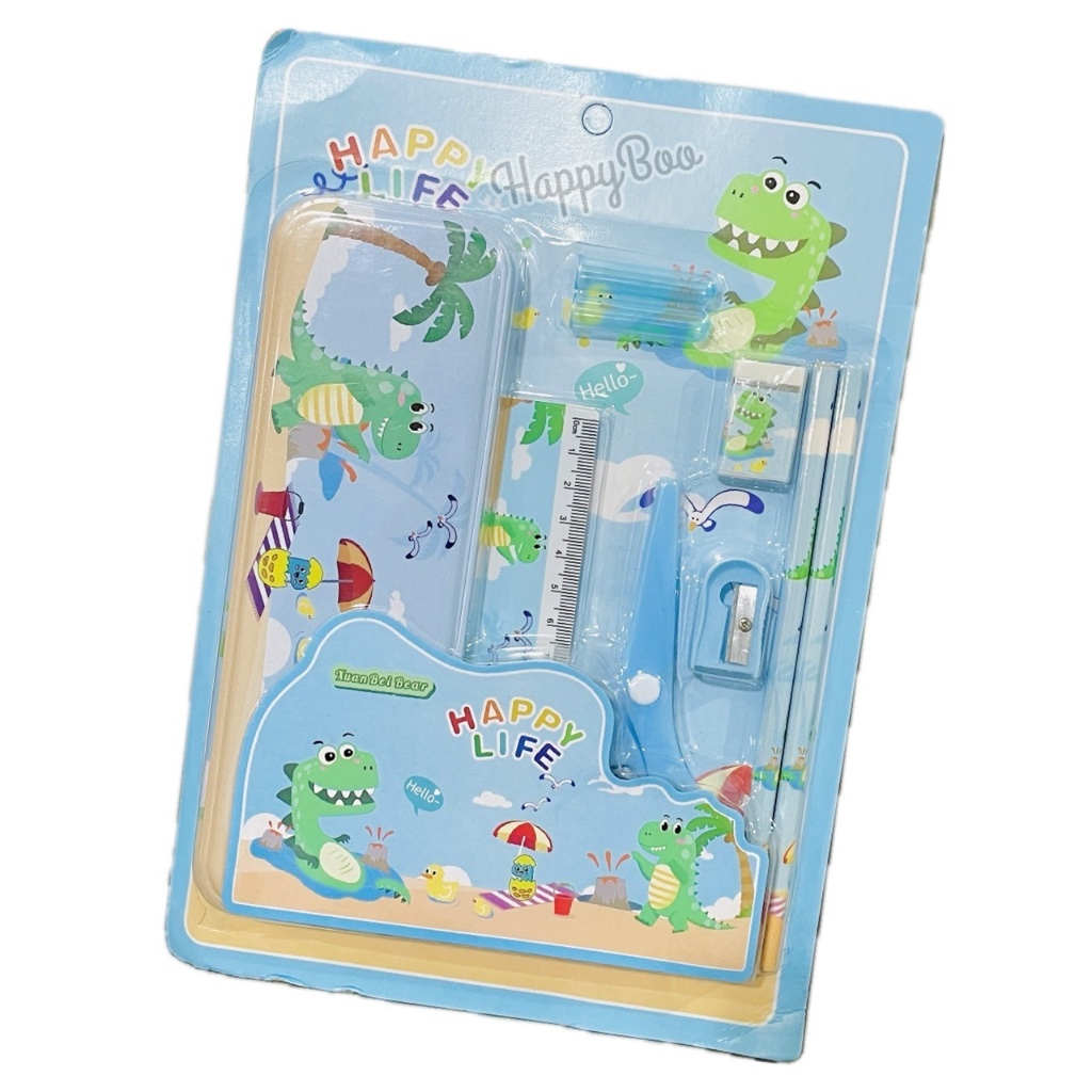 

set alat tulis stationery stationary set tempat pensil + alat tulis + gunting disa dino happy life dinosaurus