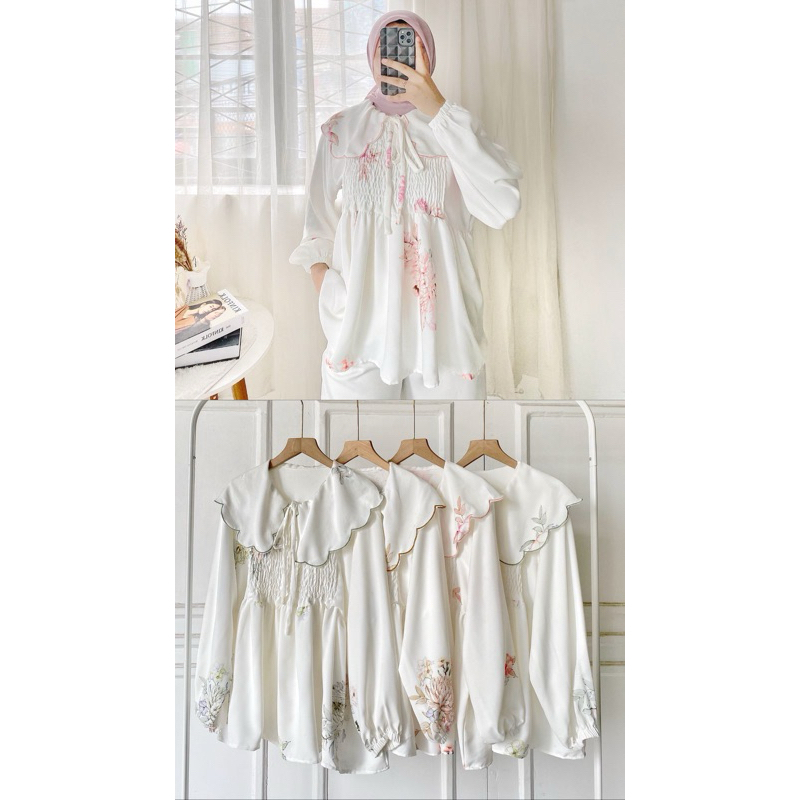 [bisa cod] ATT846 Blouse kerah lebar Motif bunga kerut dada Lingkar dada 106