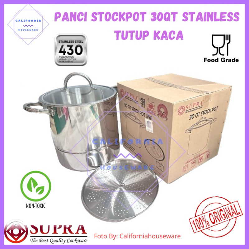 SUPRA Panci Stock Pot 30QT Stainless Steel TUTUP KACA/ SUPRA Stock Pot 30QT Plus Steamer TUTUP KACA/