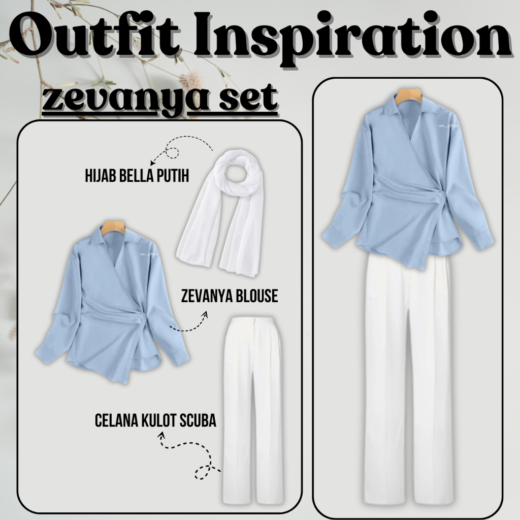 3 In 1 One Set Wanita Zevanya Set - Blouse Sky Blue , Kulot dan Hijab - New Trend Setelan OOTD TP078