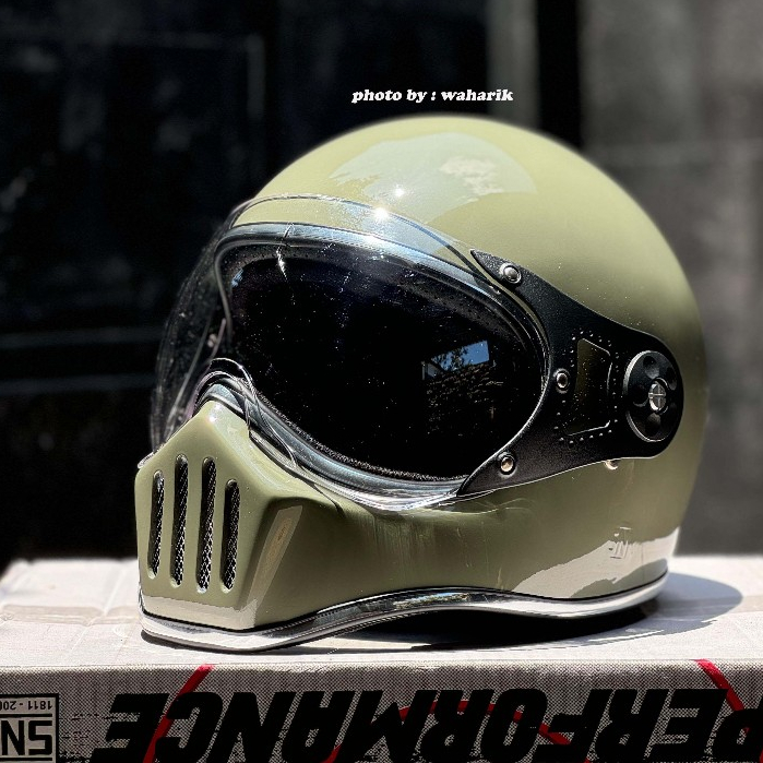 Helm Cakil Retro Vespa Hijau Army + Visor