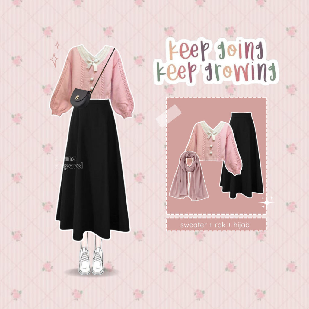 One Set Korean Style Setelan Remaja Rok Hijab OOTD Rajut Kawai Premium (Hijab, Sweater, Rok) AA303