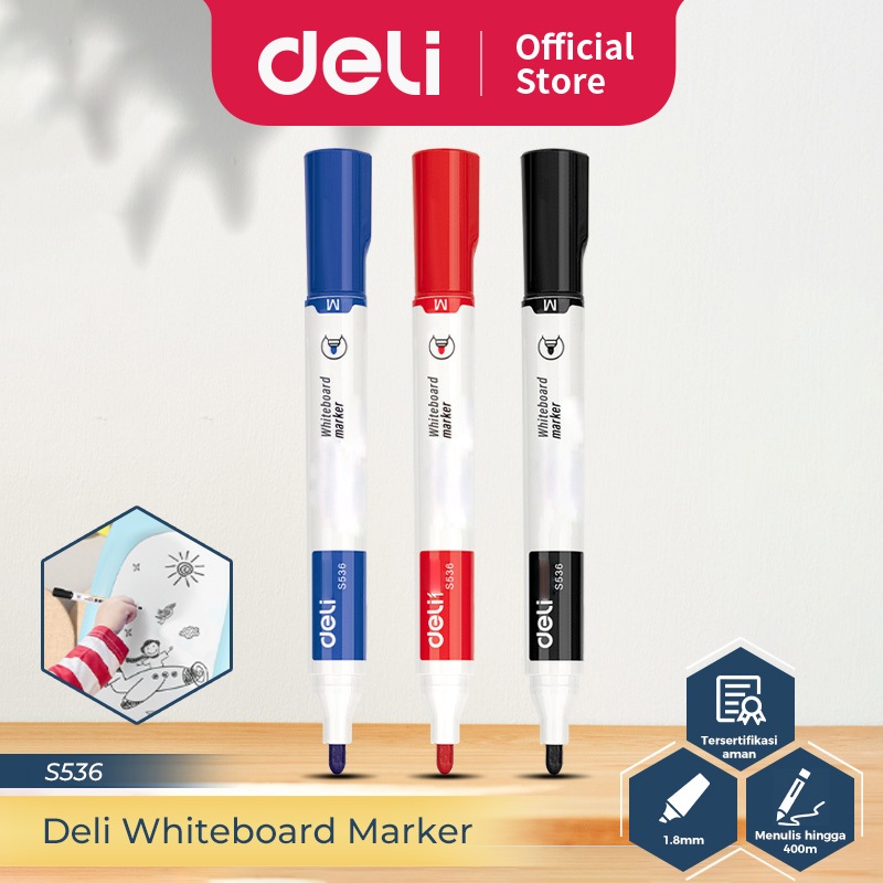 

Deli Whiteboard Marker / Spidol Papan Tulis Bisa Dihapus Isi 10 pcs Hitam/Biru/Merah S536-10PCS