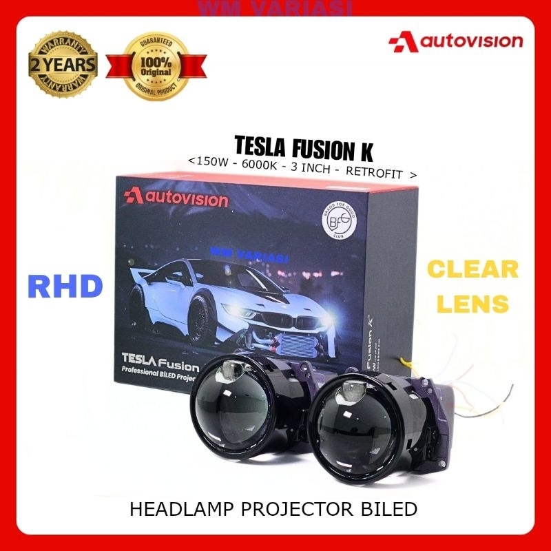 LED Headlamp Projector BiLED 3" Tesla Fusion K 150W Clear Lens Retrofit 6000K RHD 3 Inch