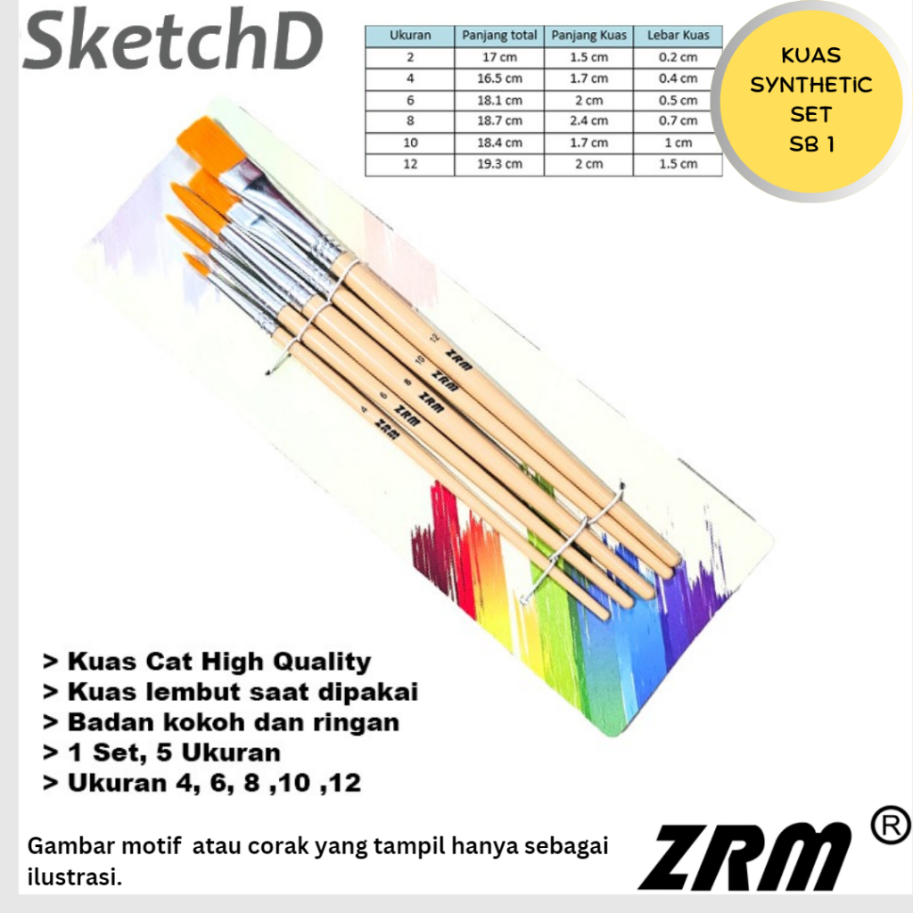 

Kuas Lukis Cat Warna Bulu buatan set 5 ZRM SB1 Color Paint Brush Synthetic bristle