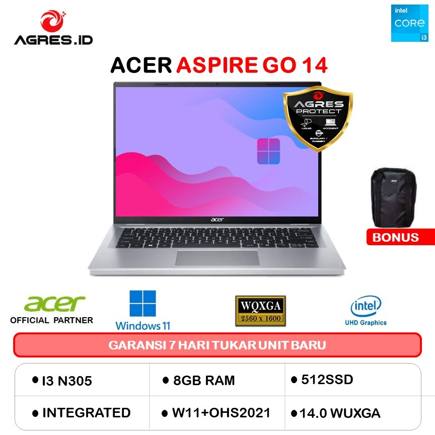 ACER ASPIRE GO 14 AG14 I3 N305 8GB 512GB W11+OHS 14.0WUXGA SLV -31P.34GM