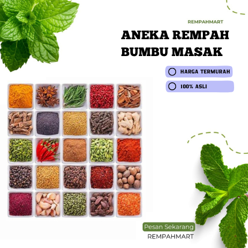 

Rempahmart - Aneka Bumbu Mulai 5ribu Rempah Masak Terlengkap / Kunyit Bubuk / Bawang Bubuk / Bunga Lawang/Pekak / Jinten Putih / Biji Pala / Kapulaga hiju