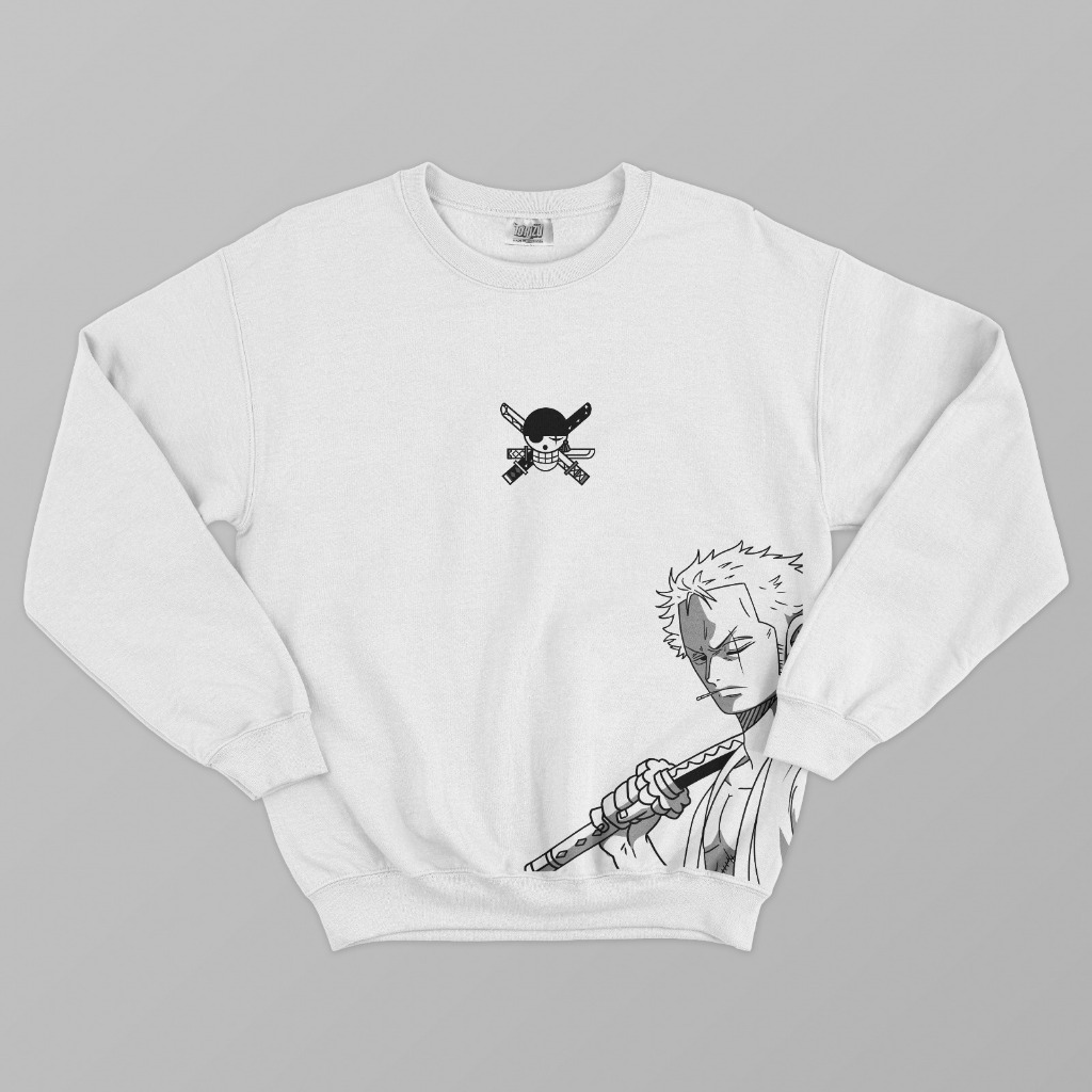 Crewneck Roronoa Zoro Lineart Embroidery White Anime Manga Onepiece Premium Unisex