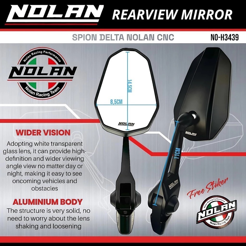 Spion NOLAN DELTA Kaca Putih Bahan Aluminium Full CNC Universal vario 160 vario 125 vario150 pcx 150