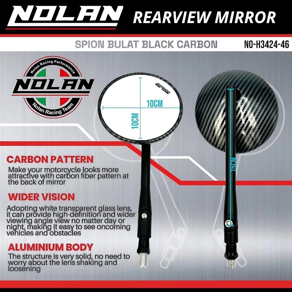 Spion NOLAN Bulat Black Carbon Bahan Full Aluminiun CNC Kaca Putih vario 160 vario 125 vario150 pcx 