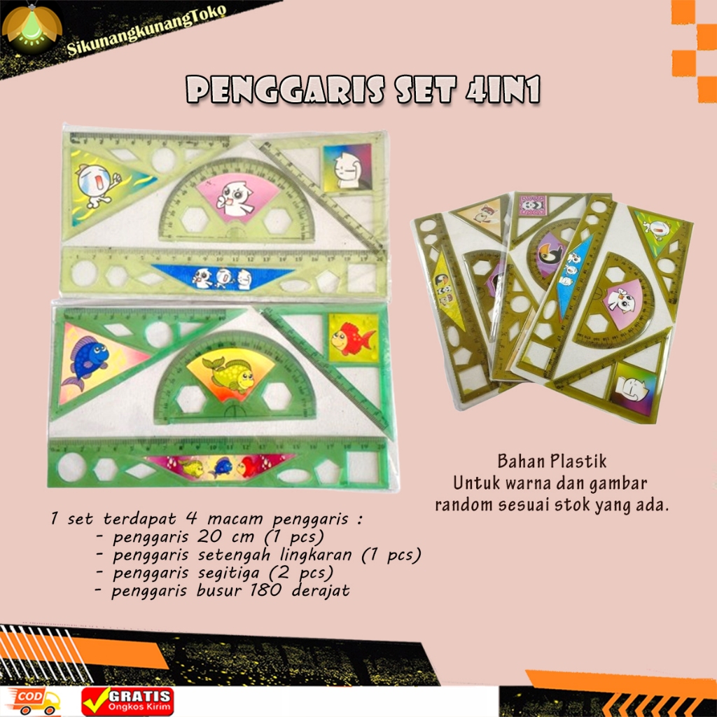 

(SKN) Penggaris Set Plastik 4in1 Garis Isi 4 Pcs Pak Kecil 20 CM Garisan Busur Setengah Lingkaran Ruler Segitiga Segi Tiga 3