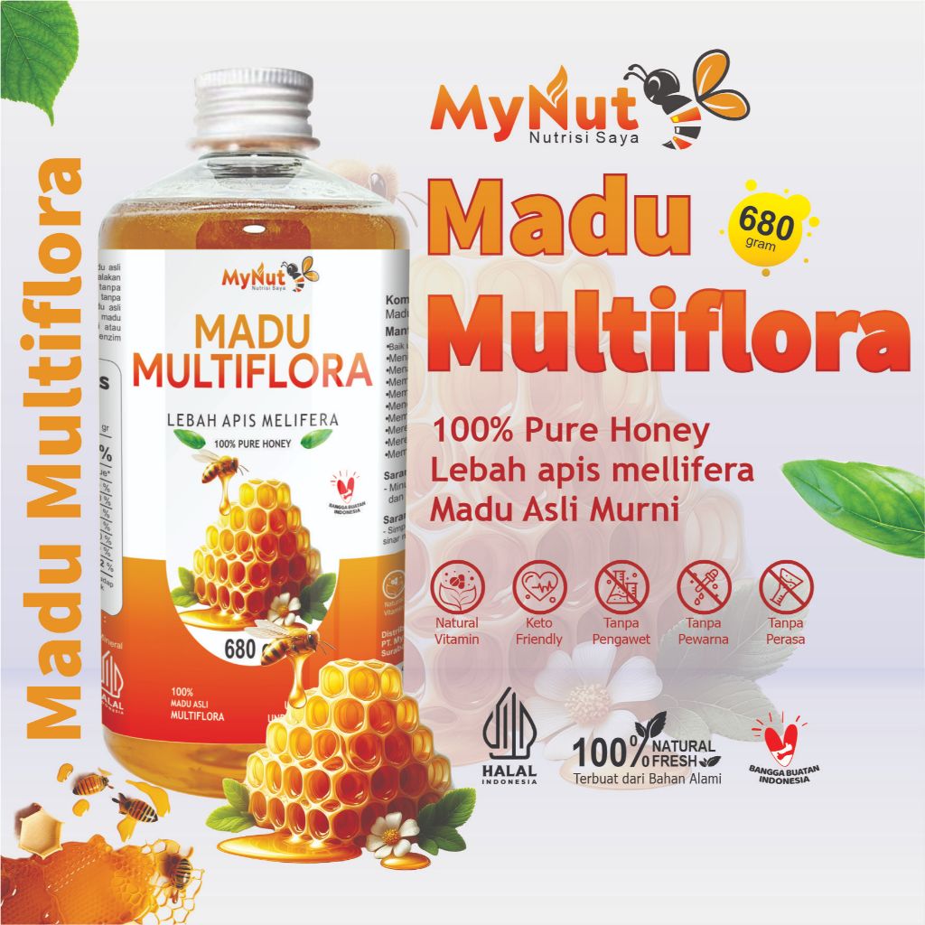 

MYNUT MADU MURNI MULTIFLORA 680 GR MADU ASLI LEBAH APIS MELIFERA 100% PURE HONEY RAW HONEY