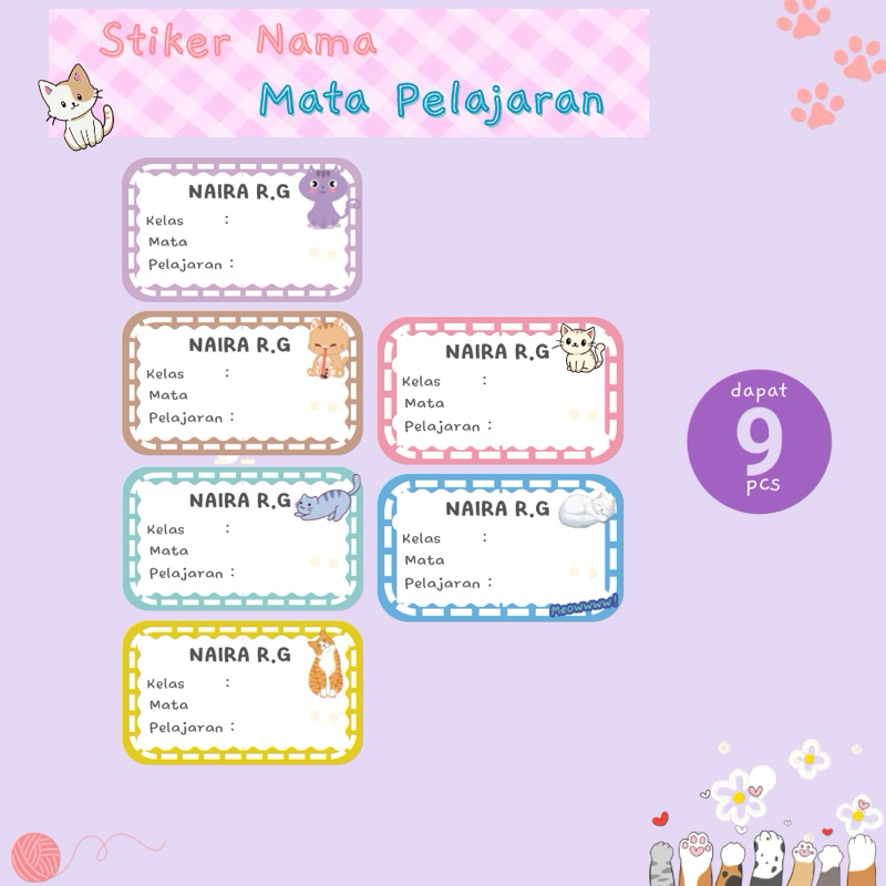 

9 Stiker Mapel - Label Buku Pelajaran Sekolah - Stiker Mata Pelajaran Tema Kucing
