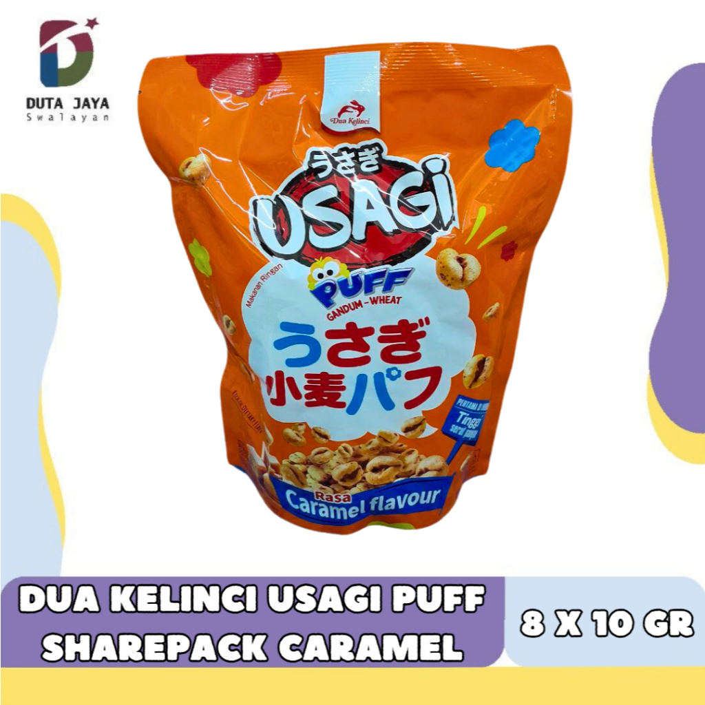 

Dua Kelinci Usagi Puff Kemasan Sharepack Camilan berbahan dasar biji gandum Rasa Caramel (8x10 gr)