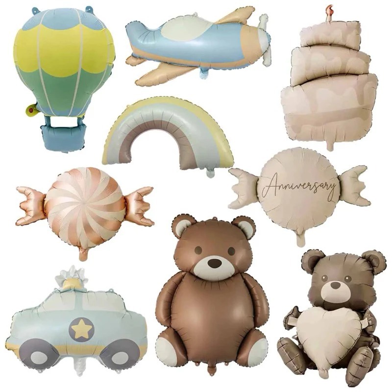 Balon Foil Karakter JUMBO Matte Macaron - Brown Bear, Pesawat, Pelangi, Police Car, Balon Udara / An