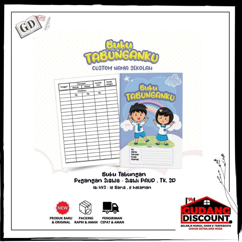 

Buku Tabungan Custom Nama + Cover & Lembaga Sekolah Berserta Alamat Tabungan Sekolah PAUD, TK, SD Biru Pelangi