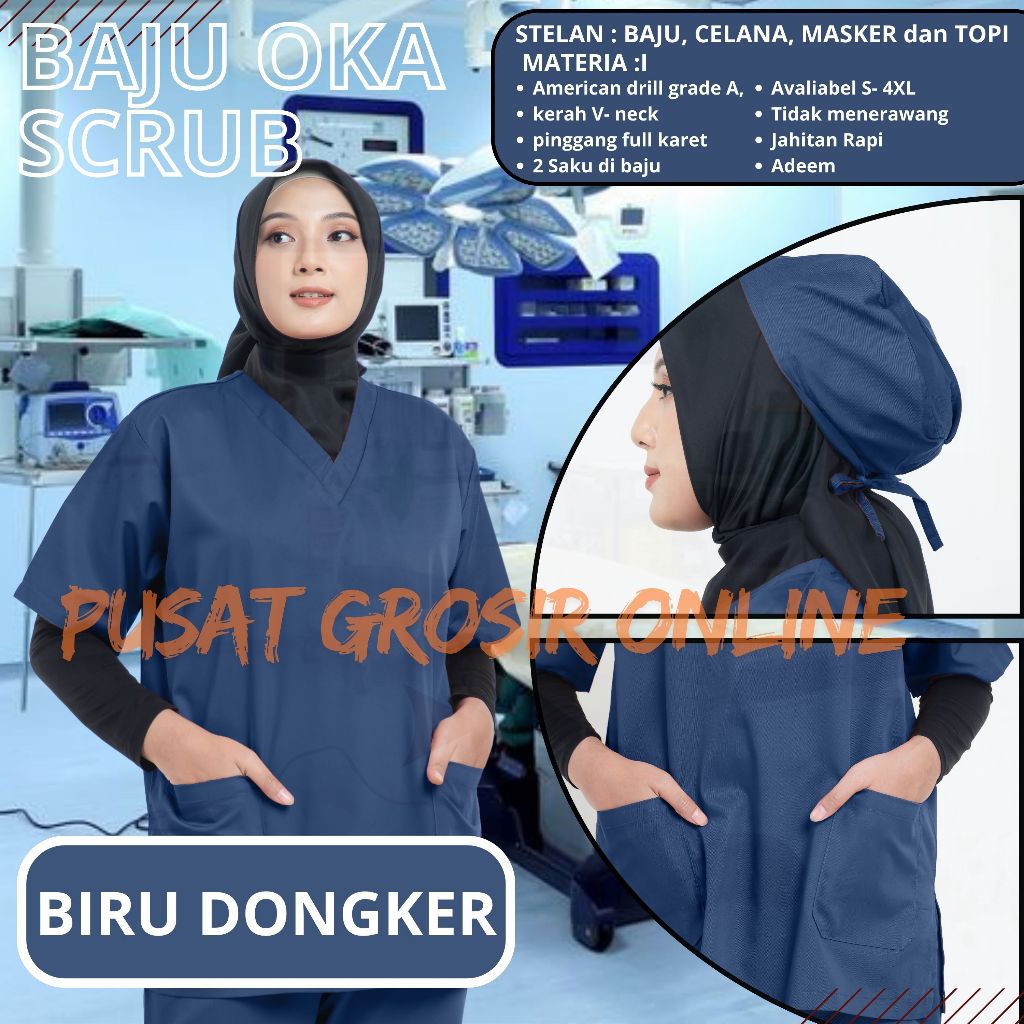 Baju OK Seragam Dokter Perawat LENGAN PENDEK Drill OKA Scrub medis LENGAN PANJANG Warna BIRU DONGKER